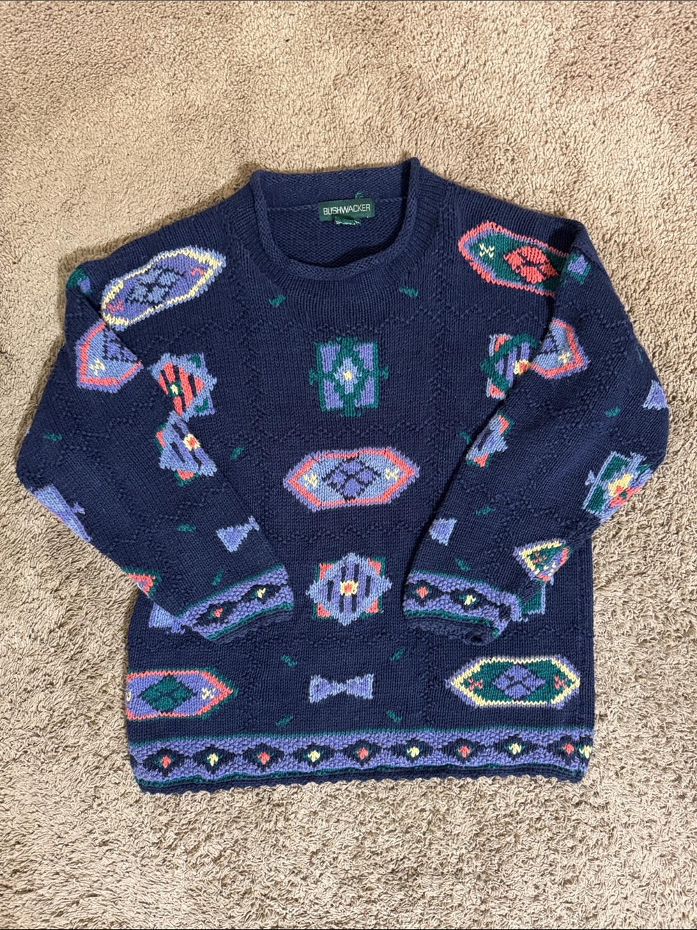 VTG Women's Roll Neck Knit Sweater Navy Pattern Oversized S Cottagecore Granny